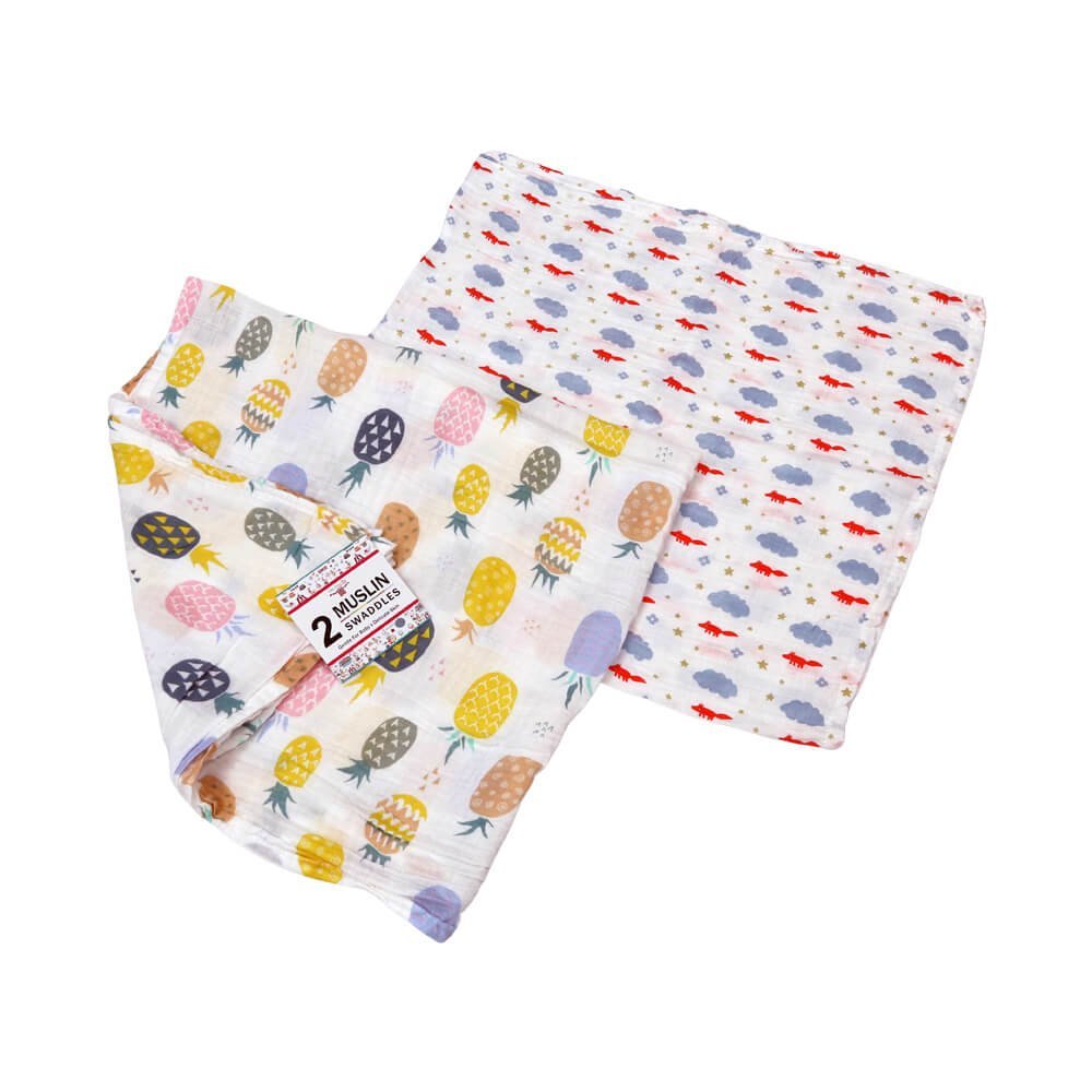 Fun Pastel Fox and Pineapple Muslin Cotton Swaddle Set (Pack of 2)