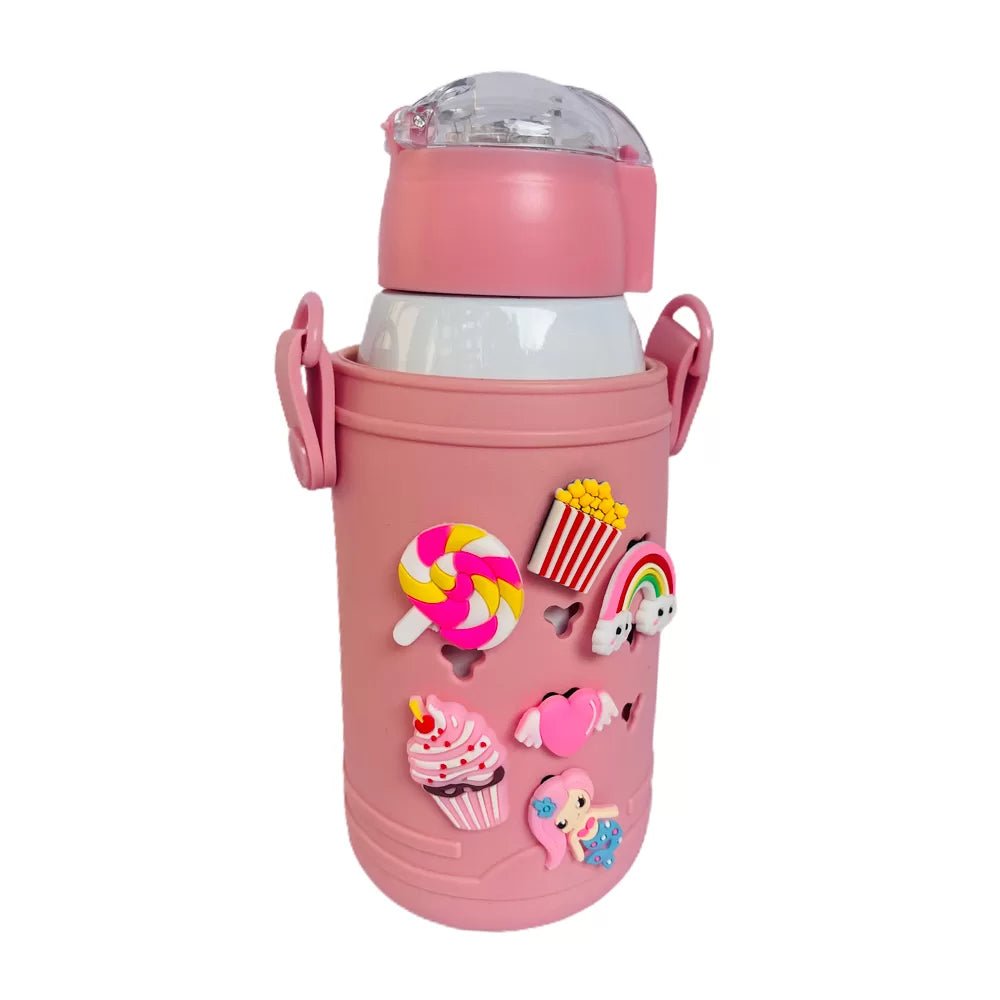 Fun Toy Trinkets Theme Temperature Control Insulated Vacuum Flask Kids Stainless Steel water Bottle/Tumbler with silicone cover and Thick Strap, Light Pink