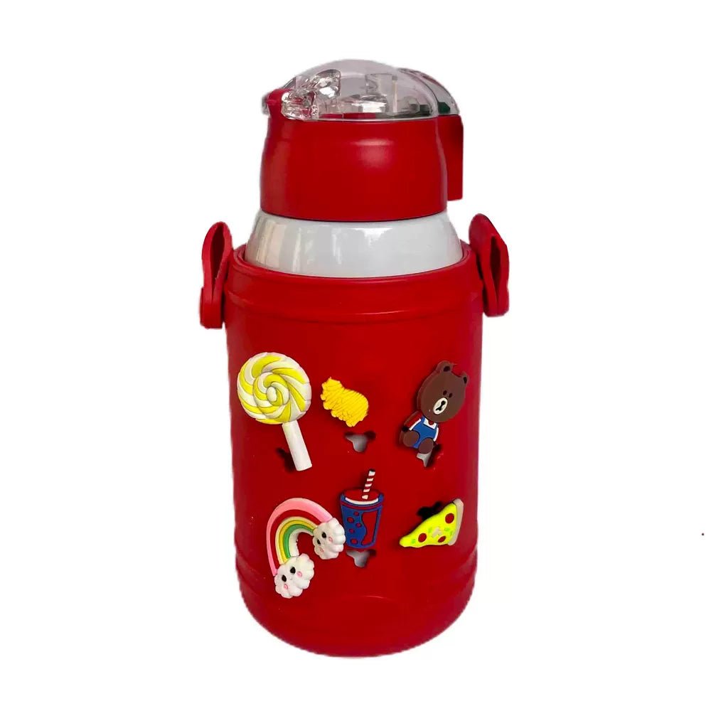 Fun Toy Trinkets Theme Temperature Control Insulated Vacuum Flask Kids Stainless Steel water Bottle/Tumbler with silicone cover & Thick Strap, Red
