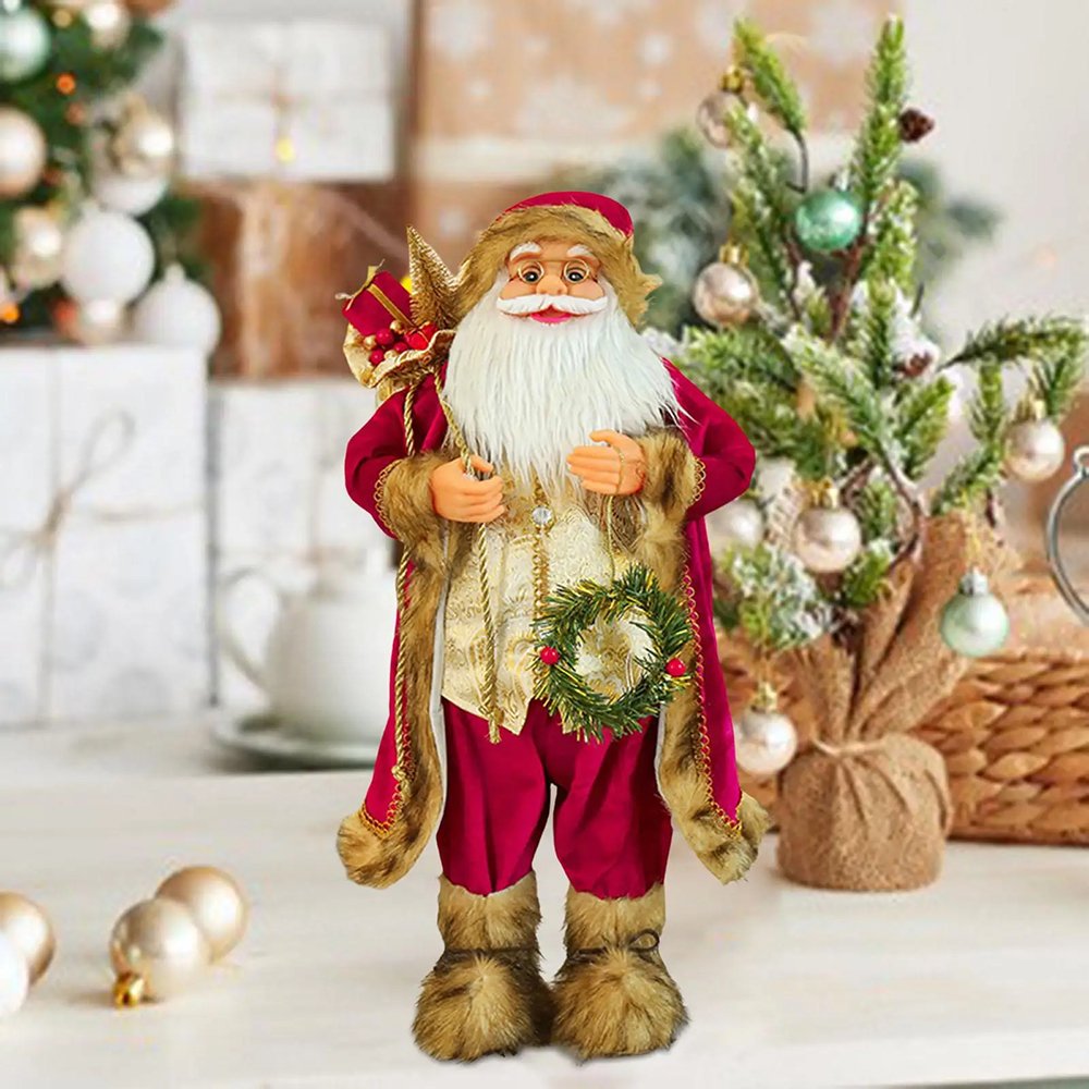 Furry Gold & Maroon Self standing Santa Christmas Table Décor, 13 inches /33 cms ht - Little Surprise BoxFurry Gold & Maroon Self standing Santa Christmas Table Décor, 13 inches /33 cms ht