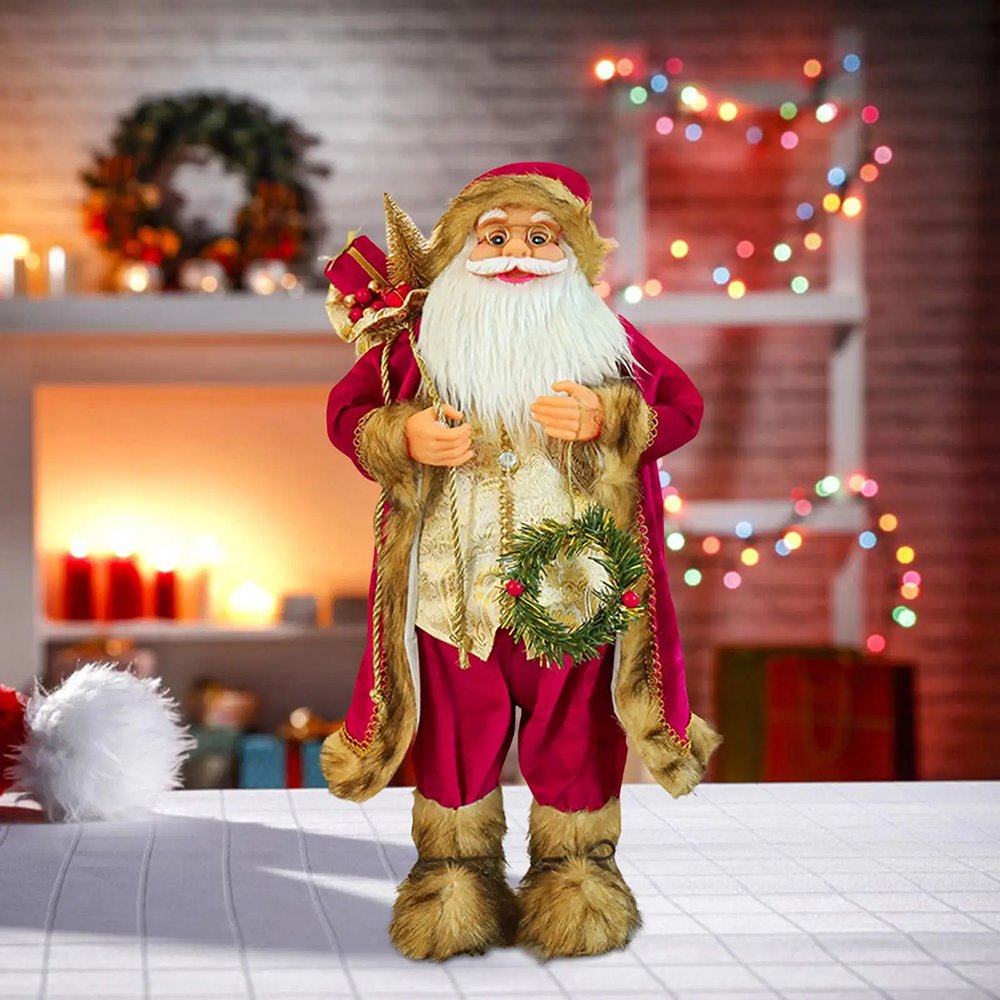 Furry Gold & Maroon Self standing Santa Christmas Table Décor, 13 inches /33 cms ht - Little Surprise BoxFurry Gold & Maroon Self standing Santa Christmas Table Décor, 13 inches /33 cms ht