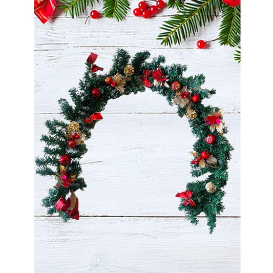 Gold & Red themed Bushy christmas Garland with Pinecones, Cherries and fillers, 6.5 feet