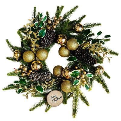 Gold wooden Merry Christmas artificial wreath with pinecones