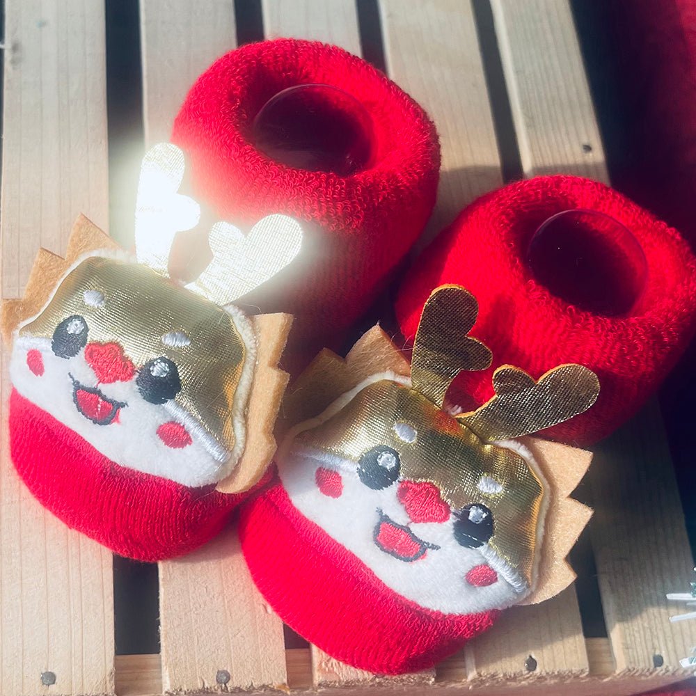 Golden Deer christmas themed Booties/Socks for Christmas Party, 0-12 months - Little Surprise BoxGolden Deer christmas themed Booties/Socks for Christmas Party, 0-12 months
