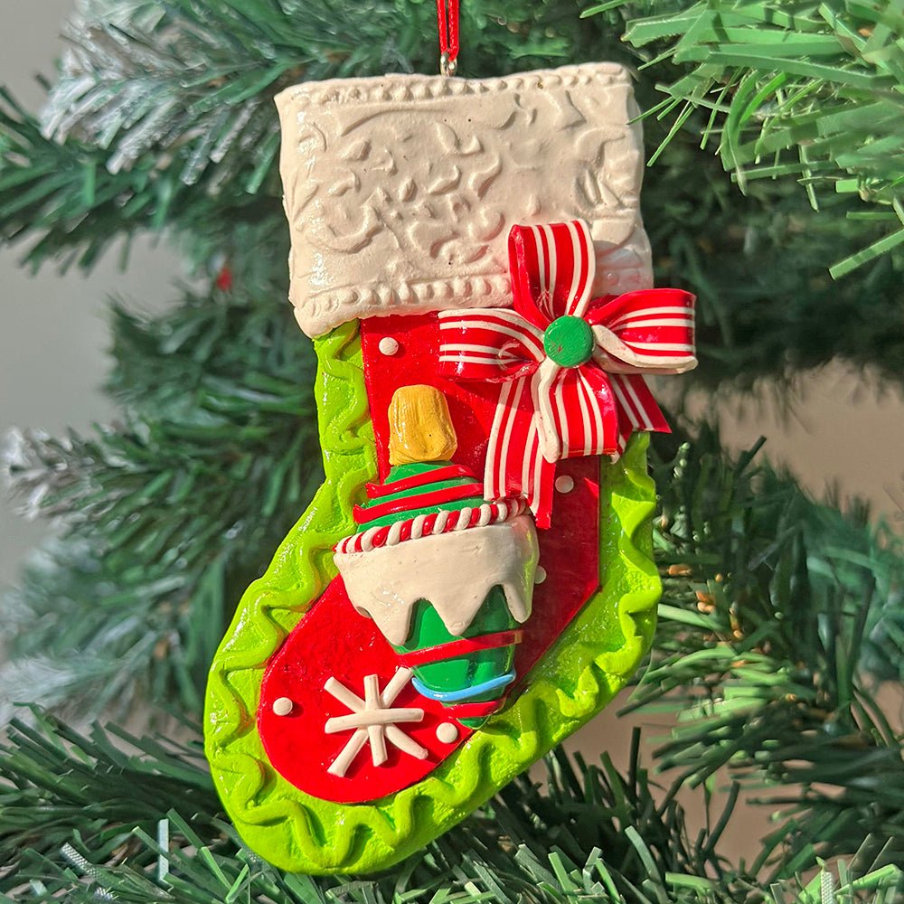 Green Handmade Clay Christmas Stocking Shape, Tree Ornament - Little Surprise BoxGreen Handmade Clay Christmas Stocking Shape, Tree Ornament