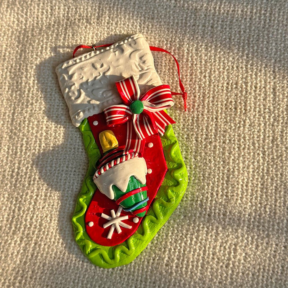 Green Handmade Clay Christmas Stocking Shape, Tree Ornament - Little Surprise BoxGreen Handmade Clay Christmas Stocking Shape, Tree Ornament