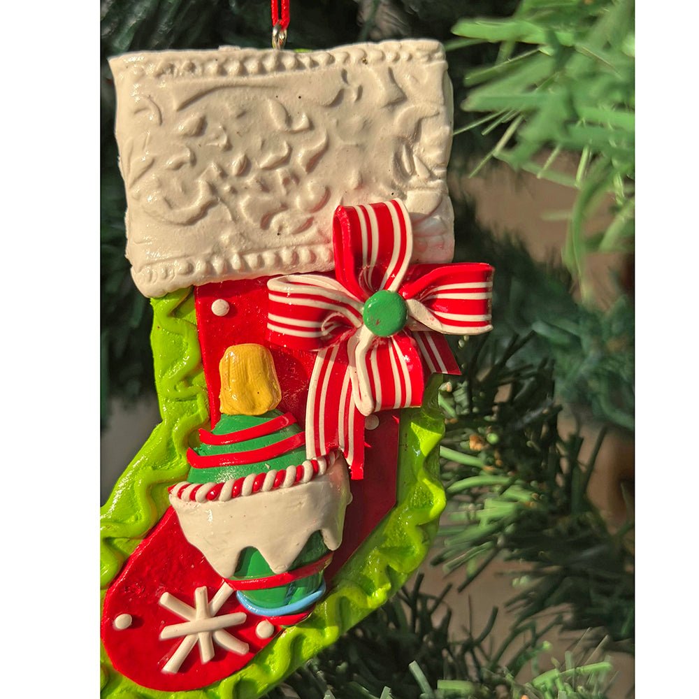 Green Handmade Clay Christmas Stocking Shape, Tree Ornament - Little Surprise BoxGreen Handmade Clay Christmas Stocking Shape, Tree Ornament