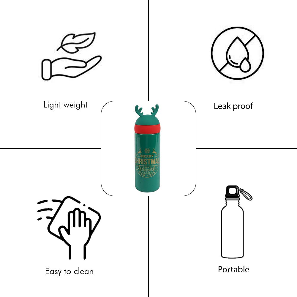 Green Reindeer Antler Stainless Steel sleek Christmas Water Bottle for Kids, 330 ml - Little Surprise BoxGreen Reindeer Antler Stainless Steel sleek Christmas Water Bottle for Kids, 330 ml