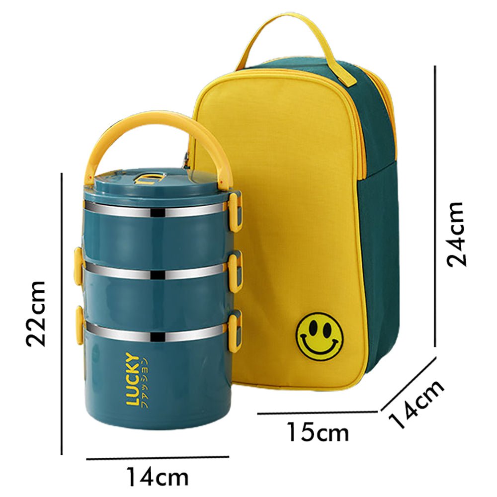 Green & Yellow vertical 3 storey Ti+ffin / Lunch Box with Insulated Lunch Box Cover(set of 2) - Little Surprise BoxGreen & Yellow vertical 3 storey Ti+ffin / Lunch Box with Insulated Lunch Box Cover(set of 2)