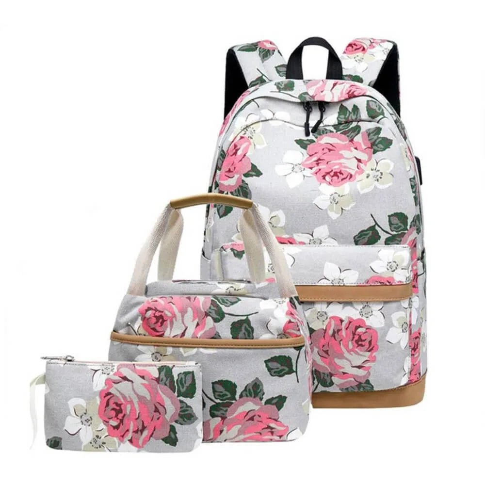 Grey Bloom, 3 pcs Matching Backpack with Lunch Bag & Stationery Pouch