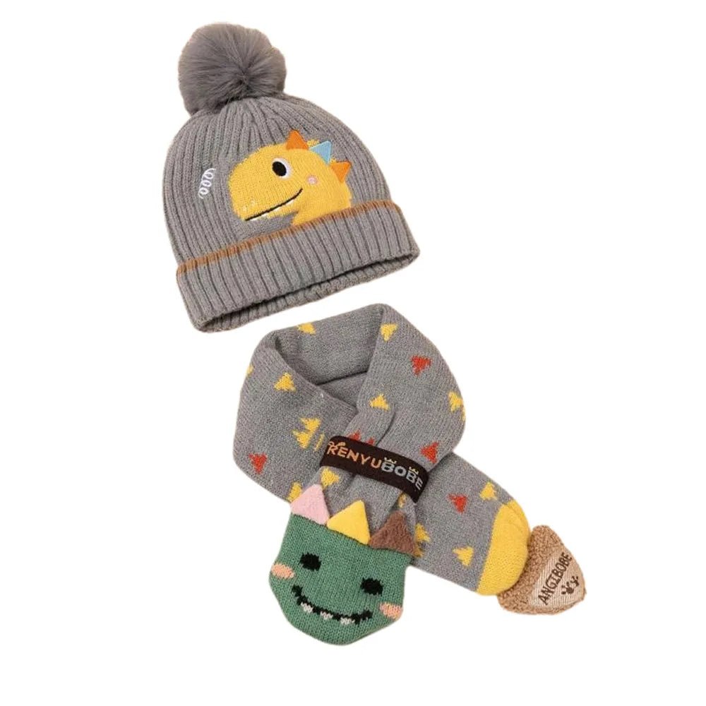 Grey Dino Kids Winter Cap & Neck Muffler Set