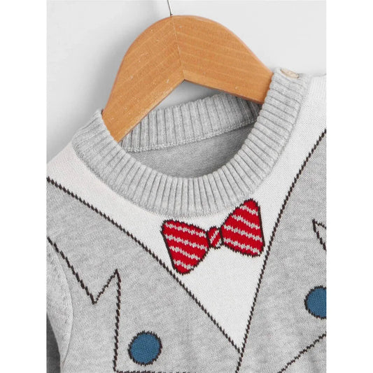Grey, Little Man Bow Print Kids Cardigan Sweater, Round Neck