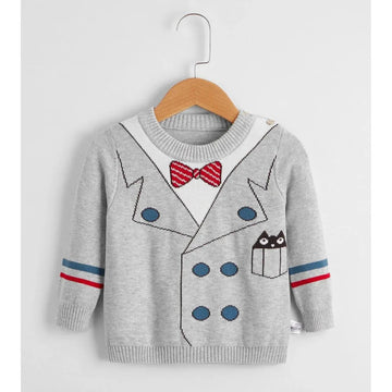 Grey, Little Man Bow Print Kids Cardigan Sweater, Round Neck