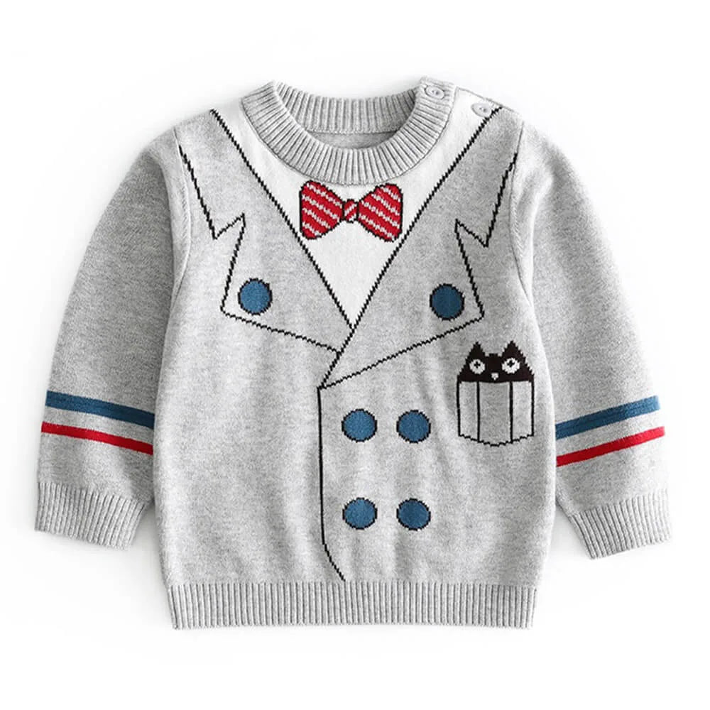 Grey, Little Man Bow Print Kids Cardigan Sweater, Round Neck