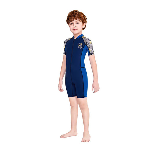 Half Sleeves Kids Swimwear Blue & Navy Blue Palm Leaves Printed Sleeves, Knee Length with UPF 50+ - Little Surprise BoxHalf Sleeves Kids Swimwear Blue & Navy Blue Palm Leaves Printed Sleeves, Knee Length with UPF 50+