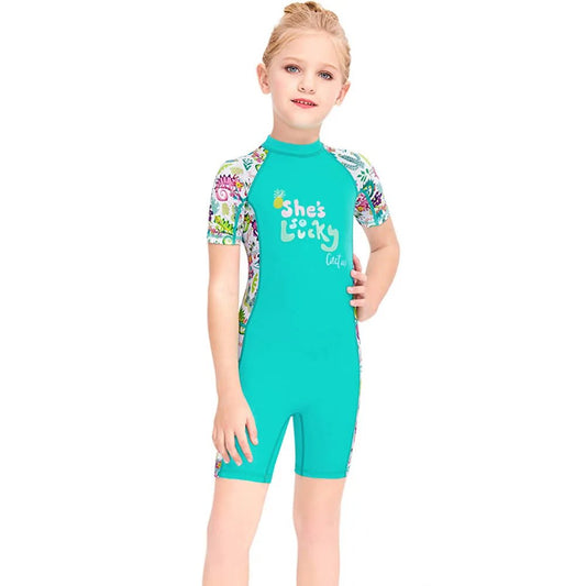 Half Sleeves Kids Swimwear Mint Green Woodland printed Knee Length UPF 50+