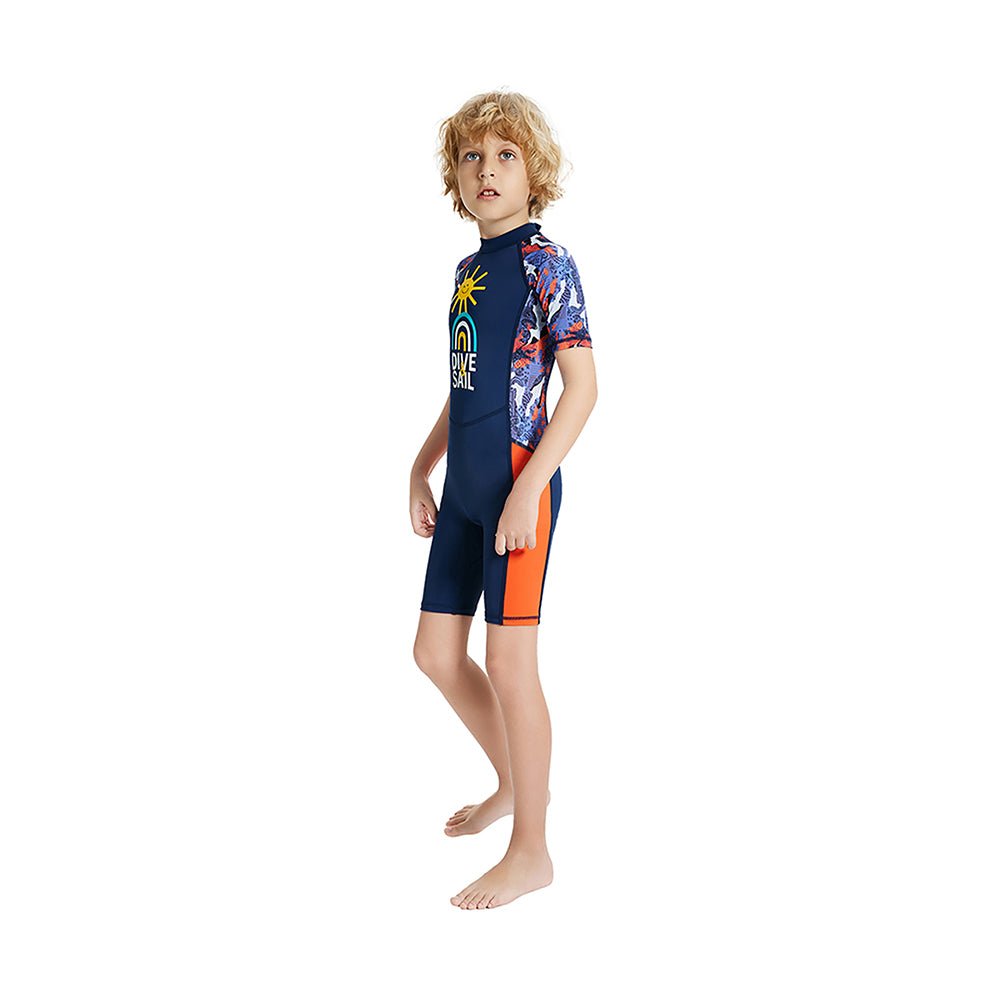 Half Sleeves Kids Swimwear Navy Blue & Orange Sunshine Printed Knee Length, with UPF 50+ - Little Surprise BoxHalf Sleeves Kids Swimwear Navy Blue & Orange Sunshine Printed Knee Length, with UPF 50+