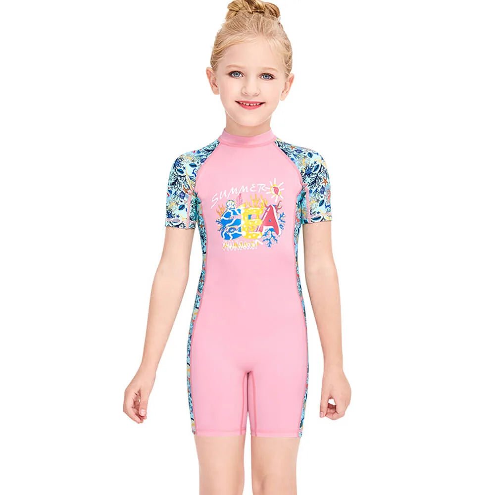 Half Sleeves Kids Swimwear Pink Fauna printed Knee Length UPF 50+