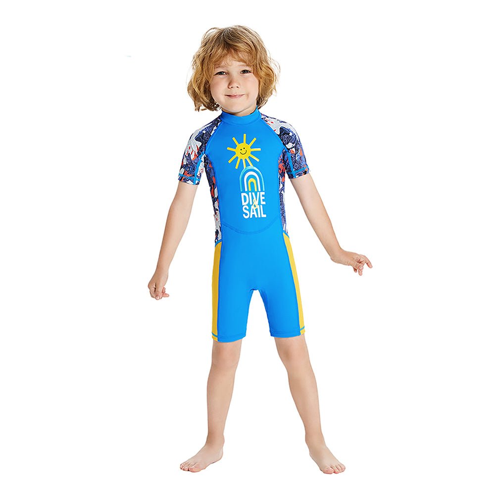 Half Sleeves Kids Swimwear Sky Blue & Yellow Sunshine Printed Knee Length, with UPF 50+ - Little Surprise BoxHalf Sleeves Kids Swimwear Sky Blue & Yellow Sunshine Printed Knee Length, with UPF 50+