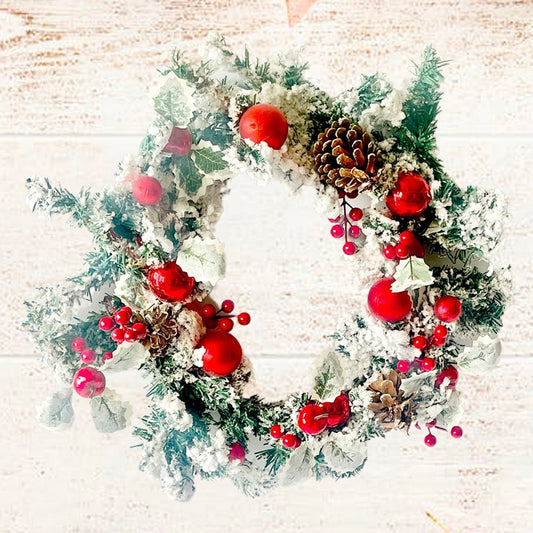Heavy Bushy Snowy Christmas Wreath with Red cherries, pinecones and Red Ornaments