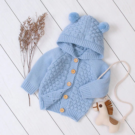 Infants Baby Blue Knitted Cardigan Sweater with Pom Pom Hoodie