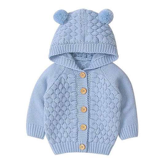 Infants Baby Blue Knitted Cardigan Sweater with Pom Pom Hoodie