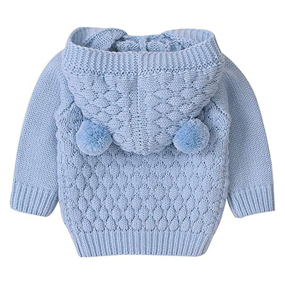 Infants Baby Blue Knitted Cardigan Sweater with Pom Pom Hoodie