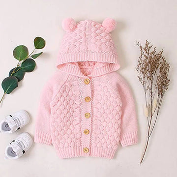 Infants Baby Pink Knitted Cardigan Sweater with Pom Pom Hoodie