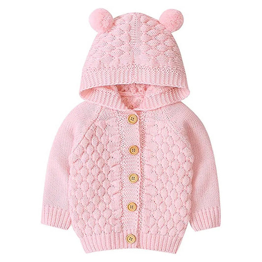 Infants Baby Pink Knitted Cardigan Sweater with Pom Pom Hoodie
