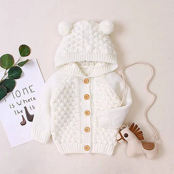 Infants Ivory White Knitted Cardigan Sweater with Pom Pom Hoodie