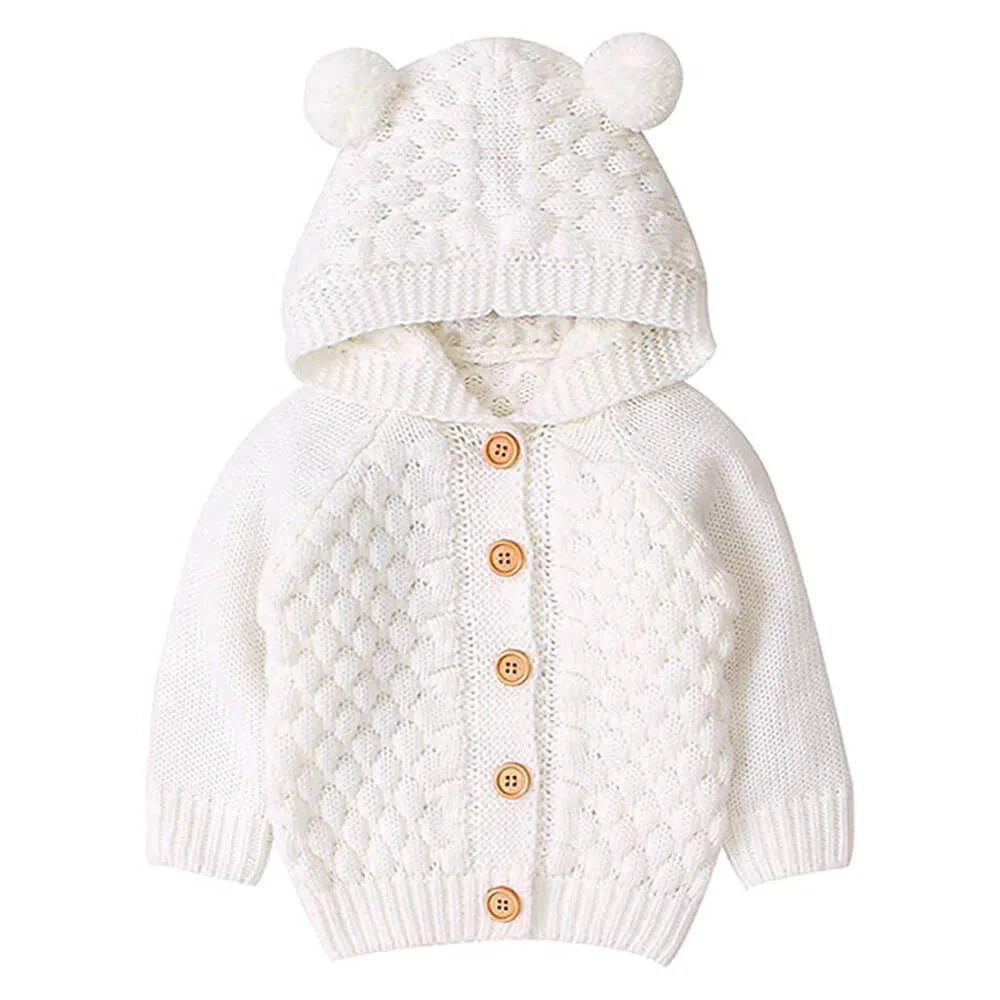 Infants Ivory White Knitted Cardigan Sweater with Pom Pom Hoodie