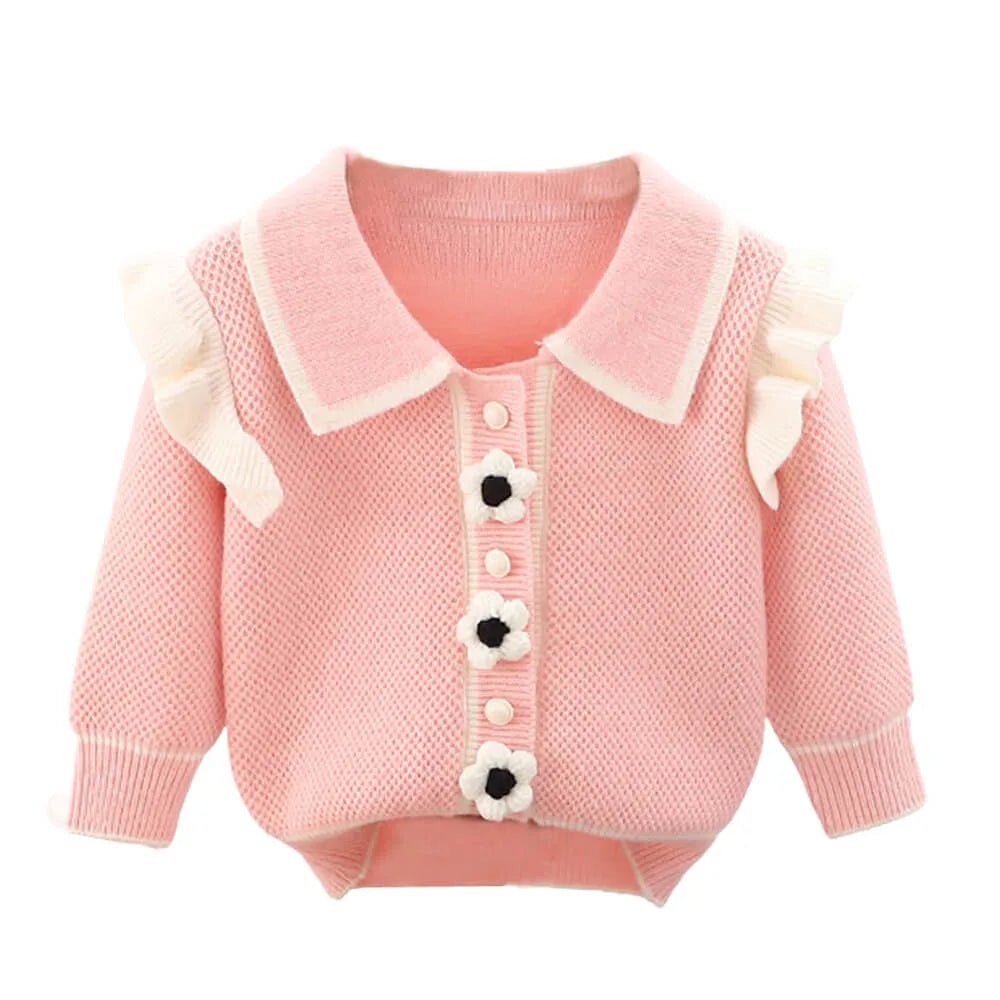 Kids Baby Pink Knitted Cardigan V neck Sweater with Flower Buttons