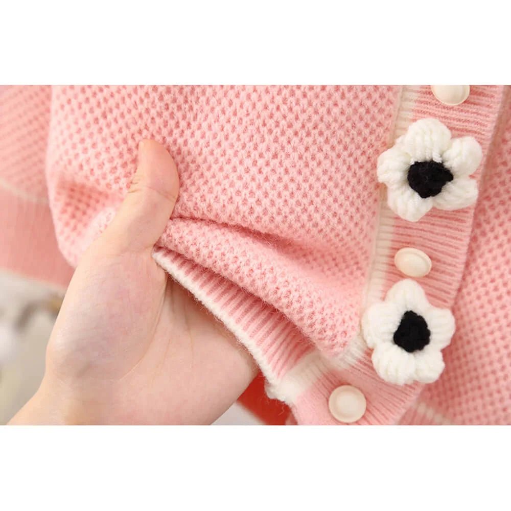 Kids Baby Pink Knitted Cardigan V neck Sweater with Flower Buttons