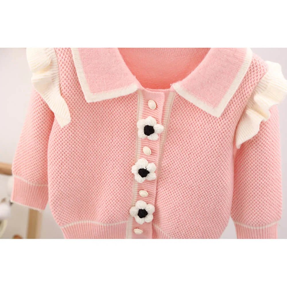 Kids Baby Pink Knitted Cardigan V neck Sweater with Flower Buttons