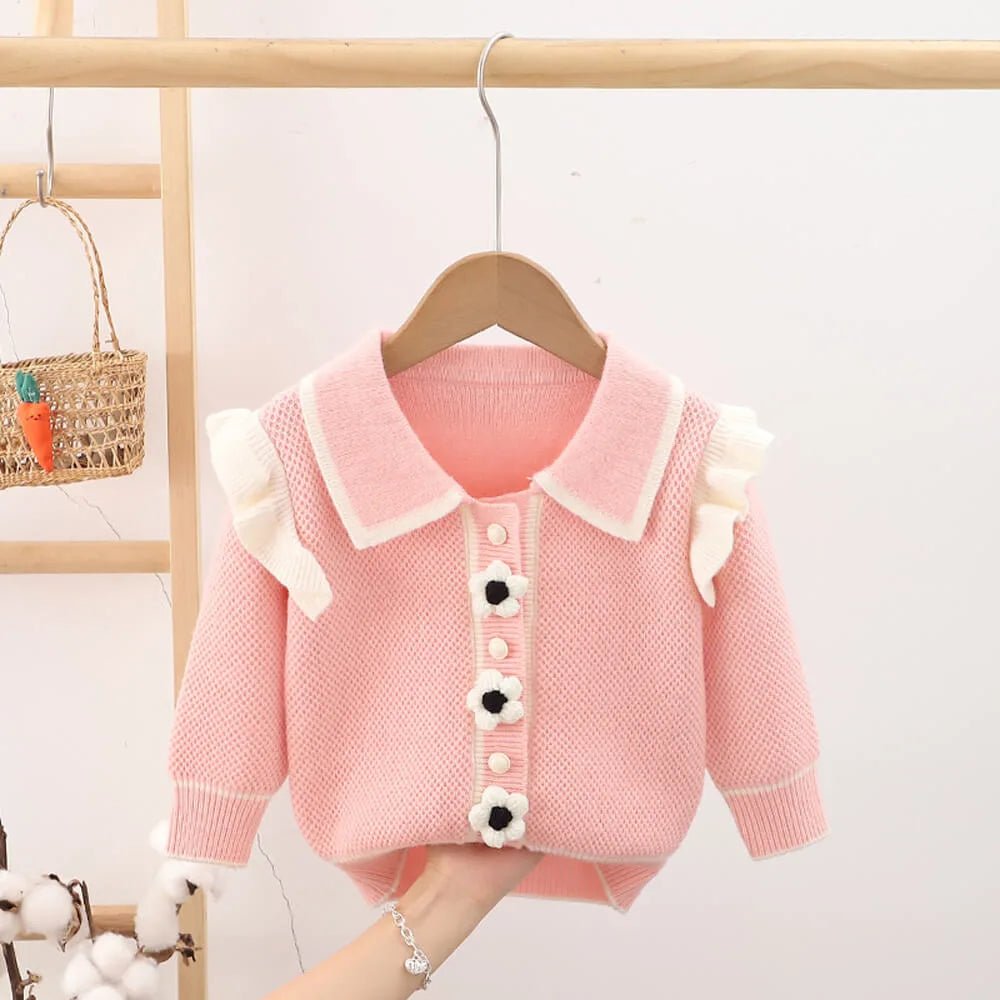 Kids Baby Pink Knitted Cardigan V neck Sweater with Flower Buttons