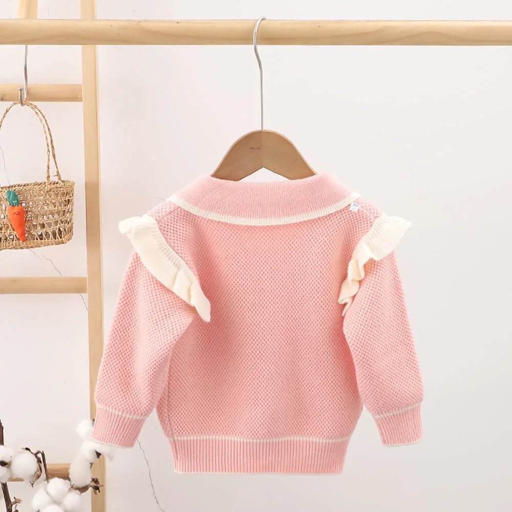 Kids Baby Pink Knitted Cardigan V neck Sweater with Flower Buttons