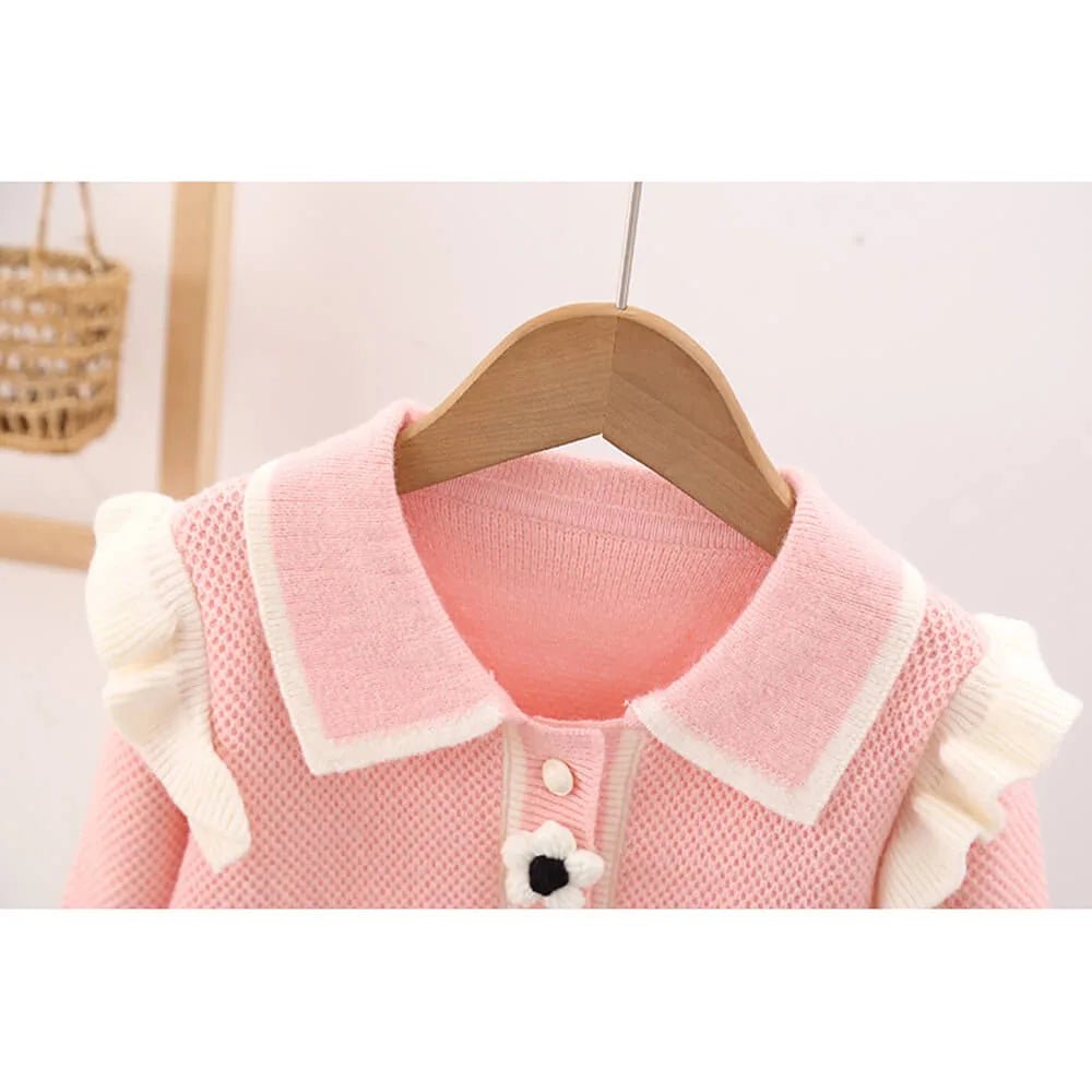 Kids Baby Pink Knitted Cardigan V neck Sweater with Flower Buttons