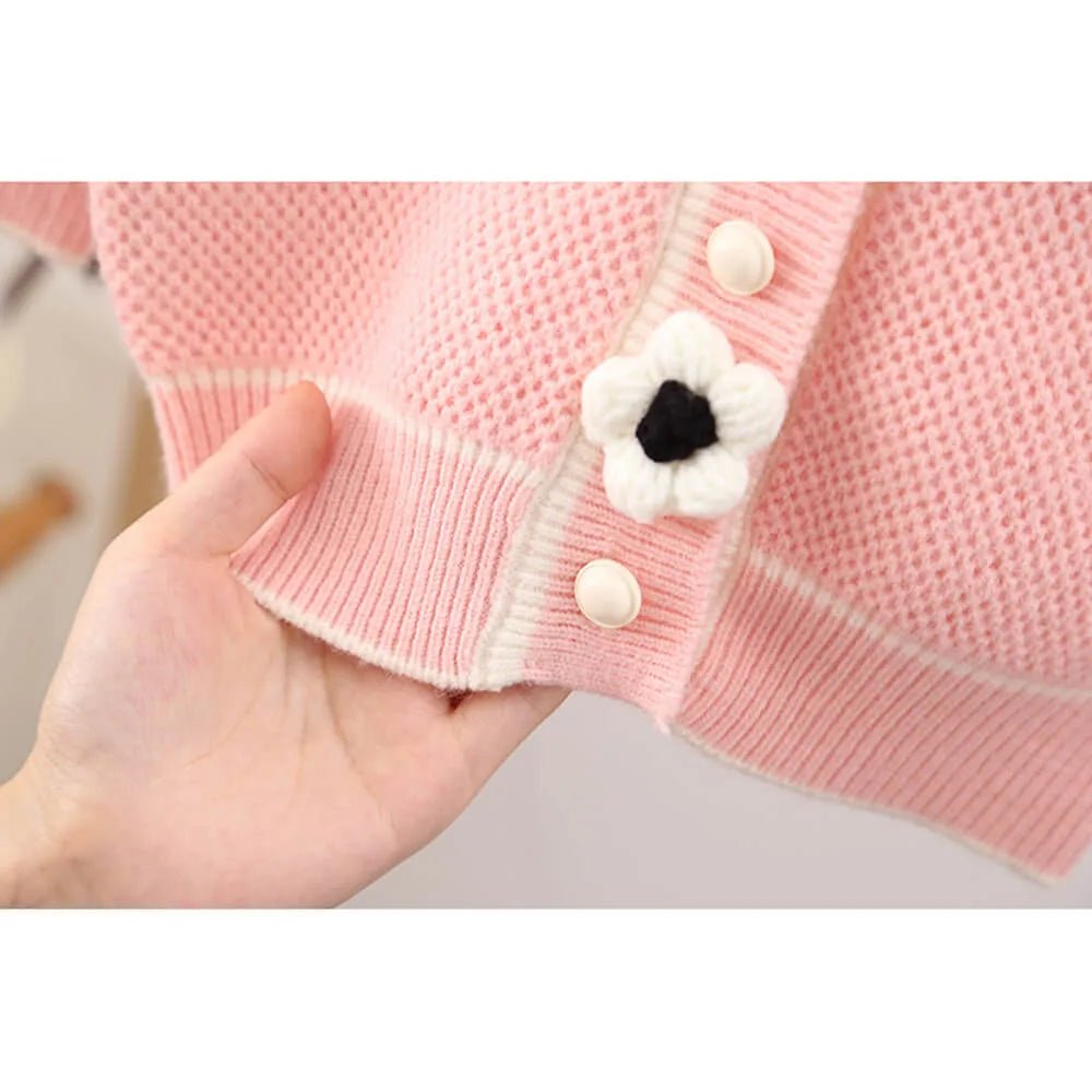 Kids Baby Pink Knitted Cardigan V neck Sweater with Flower Buttons