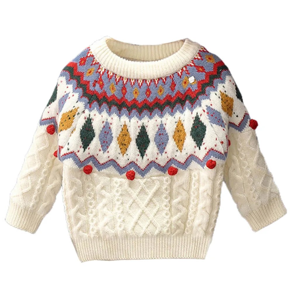 Kids Beige Knitted Multi Coloured Fluffy Cardigan Sweater Round Neck