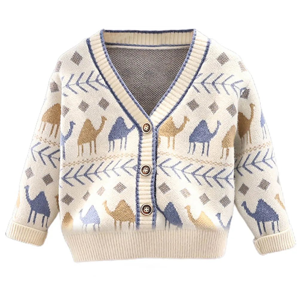 Kids Cream Camel Troop, Cardigan V neck Sweater