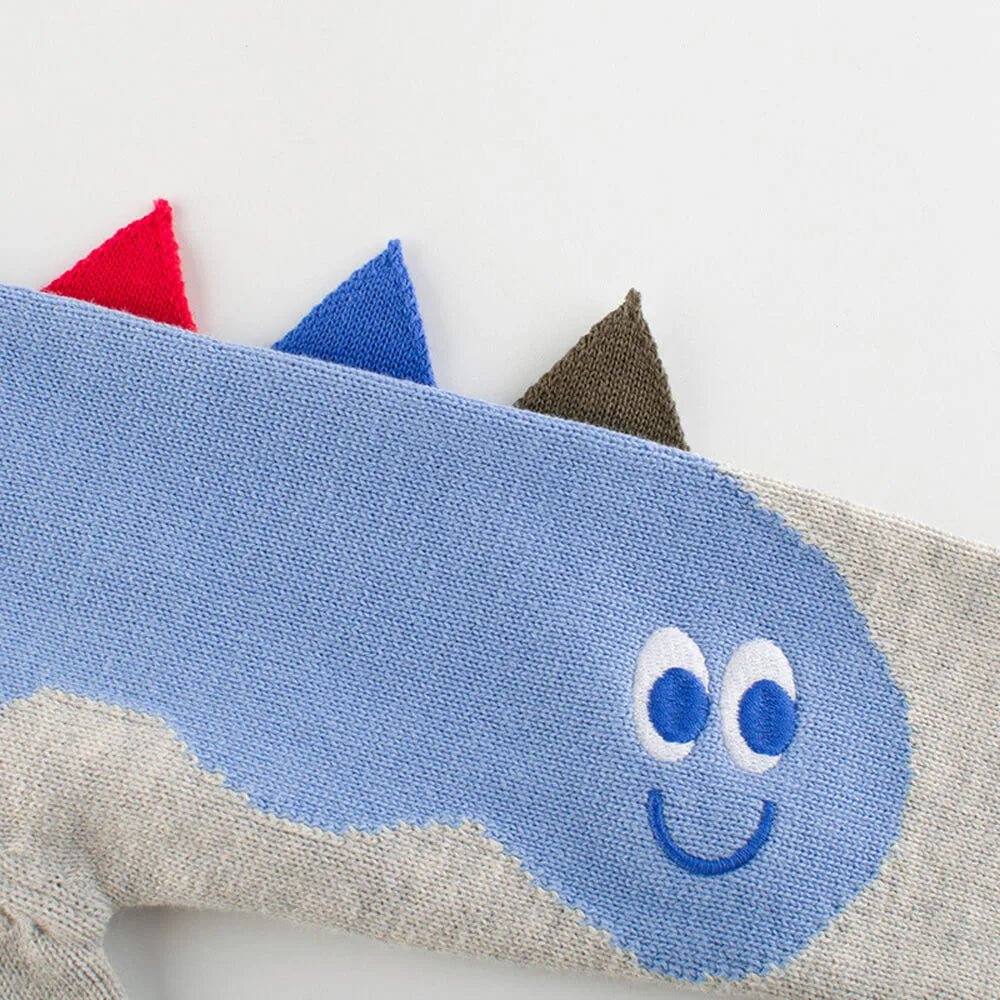 Kids Grey & Light Blue Dino Cardigan Sweater with 3d Tail Applique