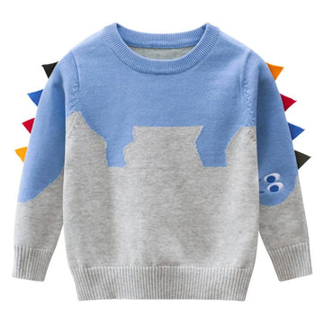 Kids Grey & Light Blue Dino Cardigan Sweater with 3d Tail Applique