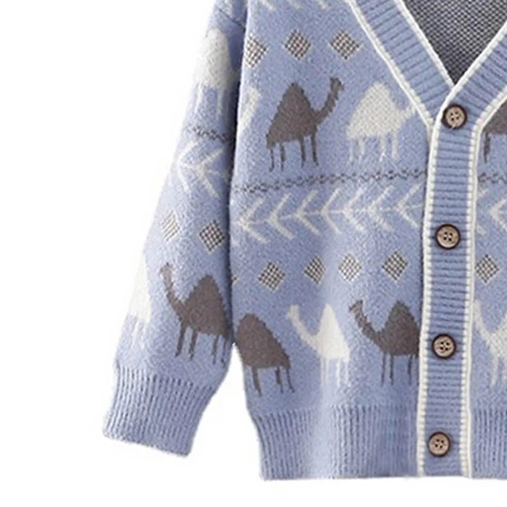 Kids Light Blue Camel Troop, Cardigan V neck Sweater