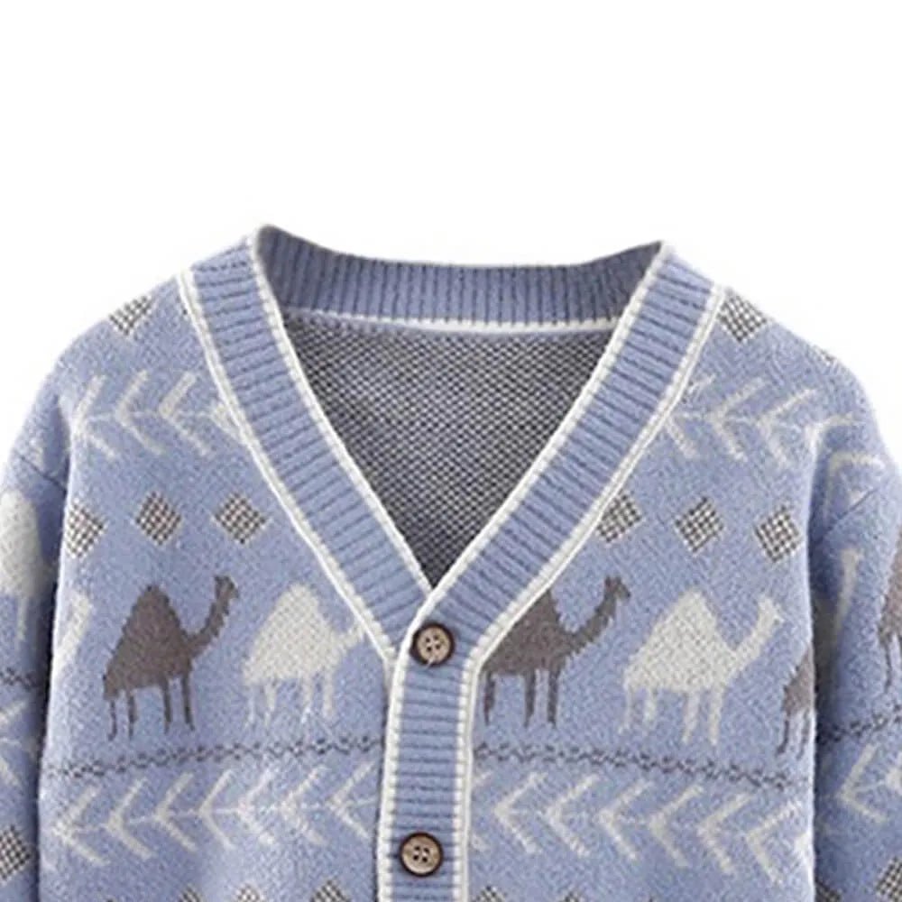 Kids Light Blue Camel Troop, Cardigan V neck Sweater
