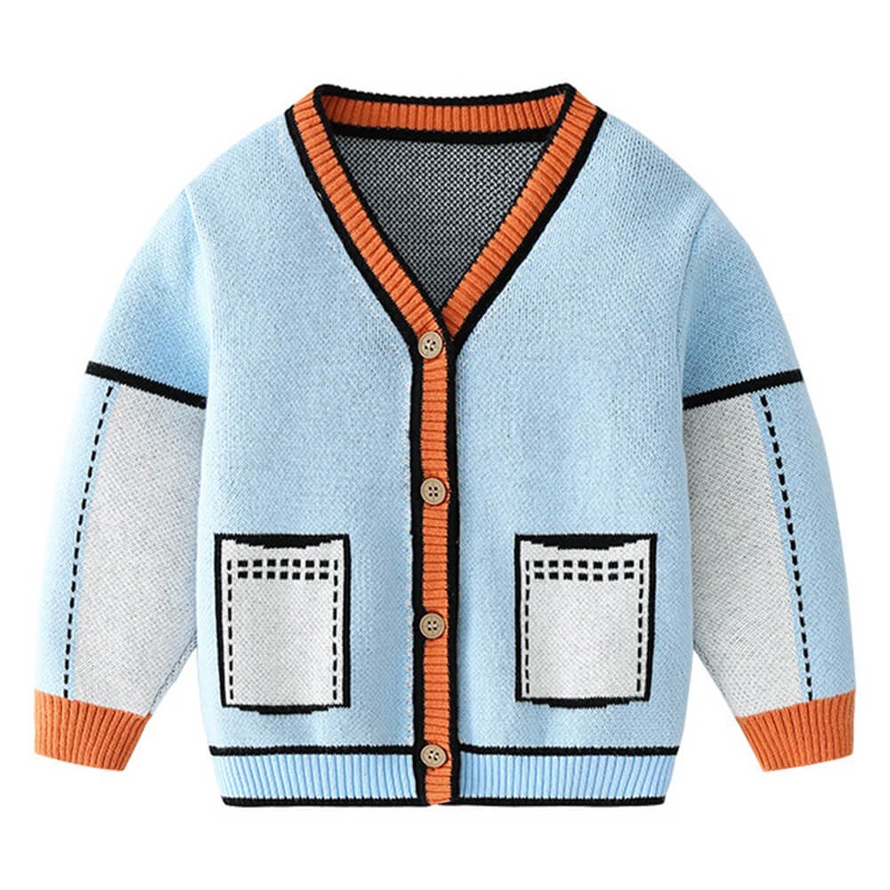 Kids Light Blue with Striking Orange Cardigan Sweater V neck