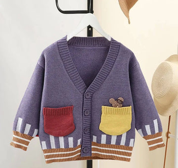 Kids Muave Cardigan Sweater V neck with front pockets