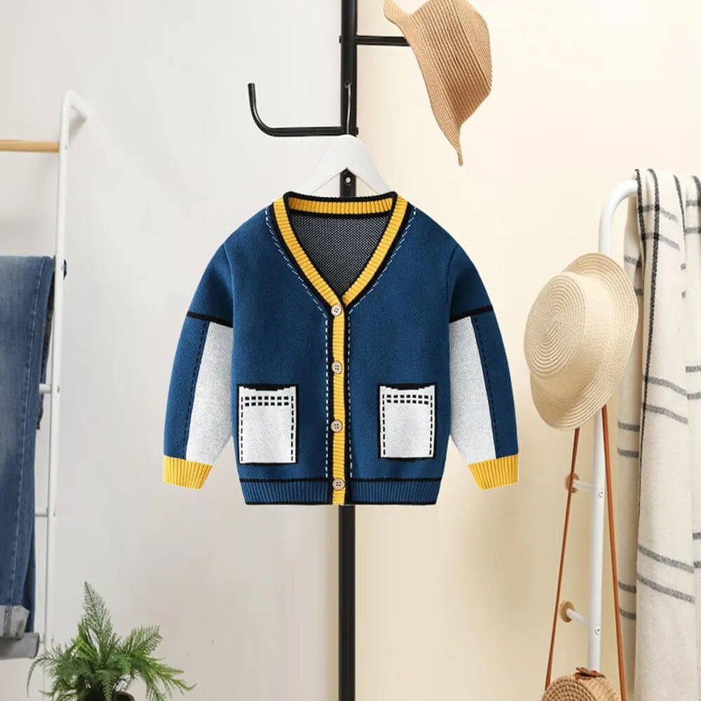 Kids Navy Blue with Striking Mustard Stripes Cardigan Sweater V neck