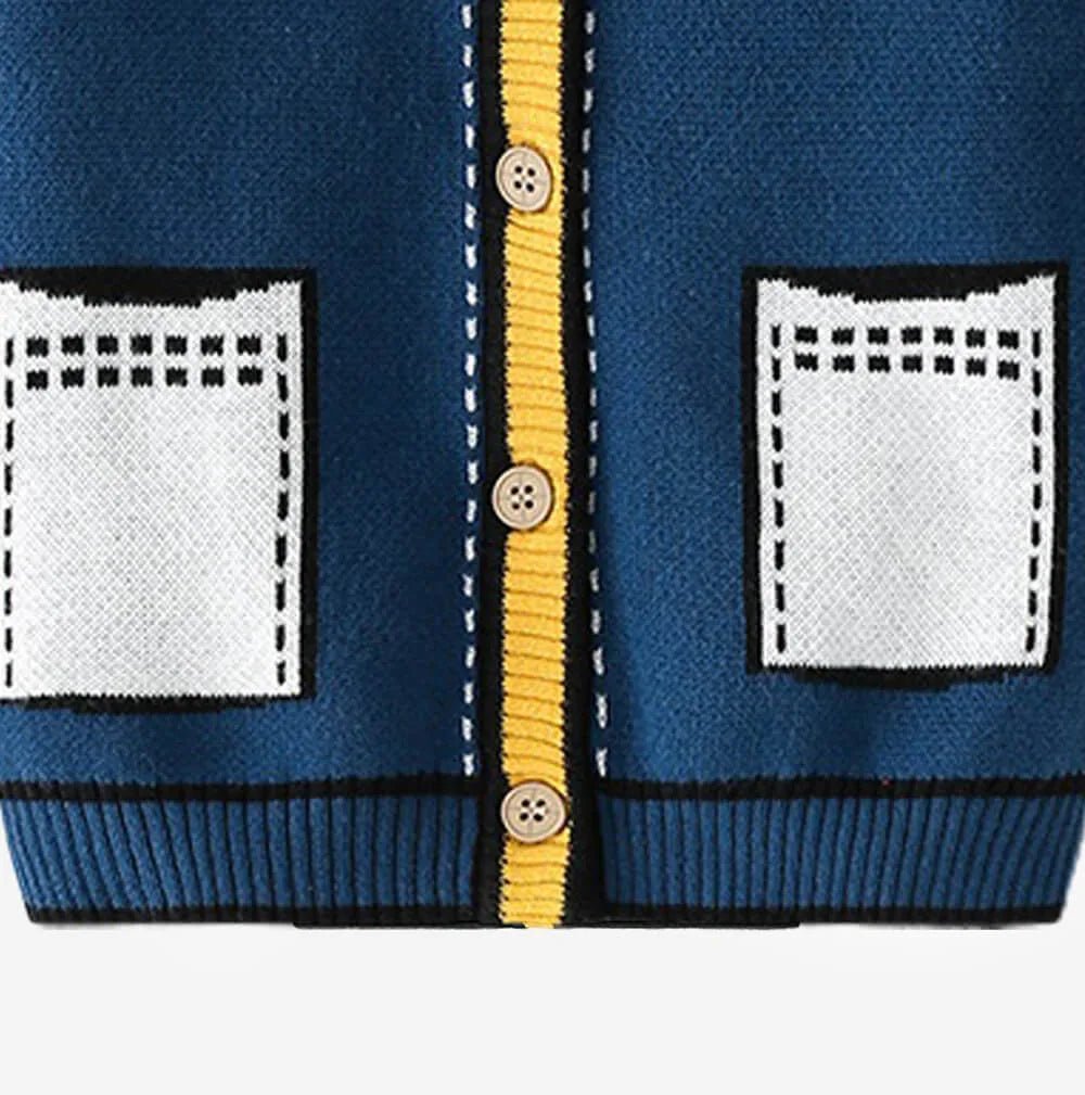 Kids Navy Blue with Striking Mustard Stripes Cardigan Sweater V neck