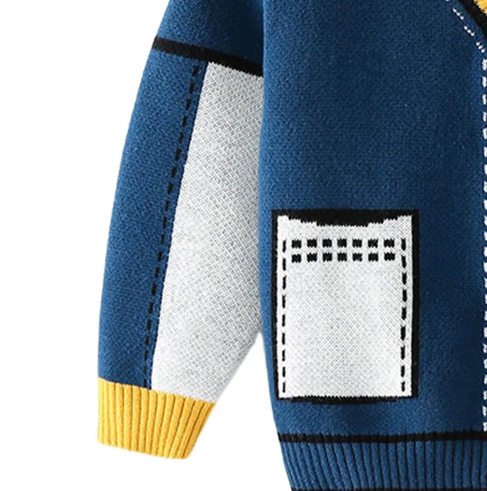 Kids Navy Blue with Striking Mustard Stripes Cardigan Sweater V neck