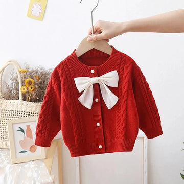 Kids Red Knitted Cardigan Sweater with Bow